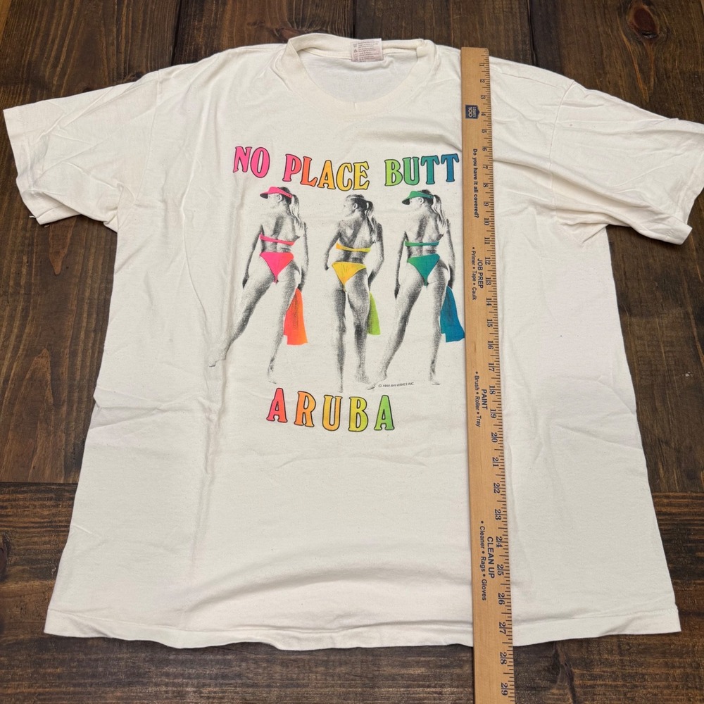 Vintage 1990 No Place Butt Aruba T Shirt Hanes Heavyweight XL Single Stitch Neon - Picture 5 of 7